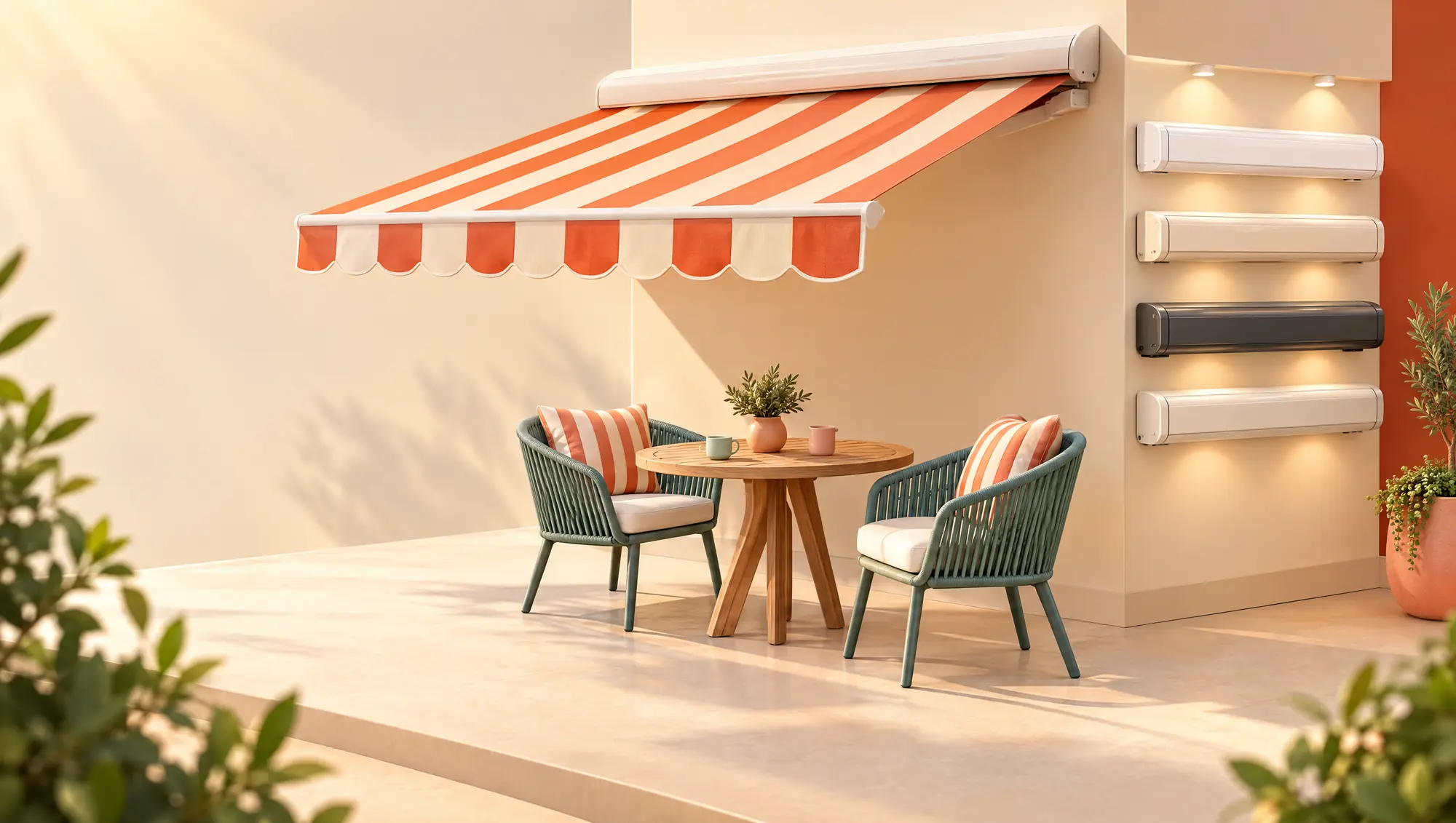Store banne déployé à rayures au-dessus d'une table en teck, coffres de stores exposés au mur.