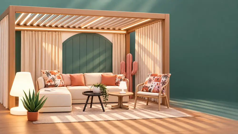Pergola bioclimatique à lames orientables au-dessus d'un salon de jardin
