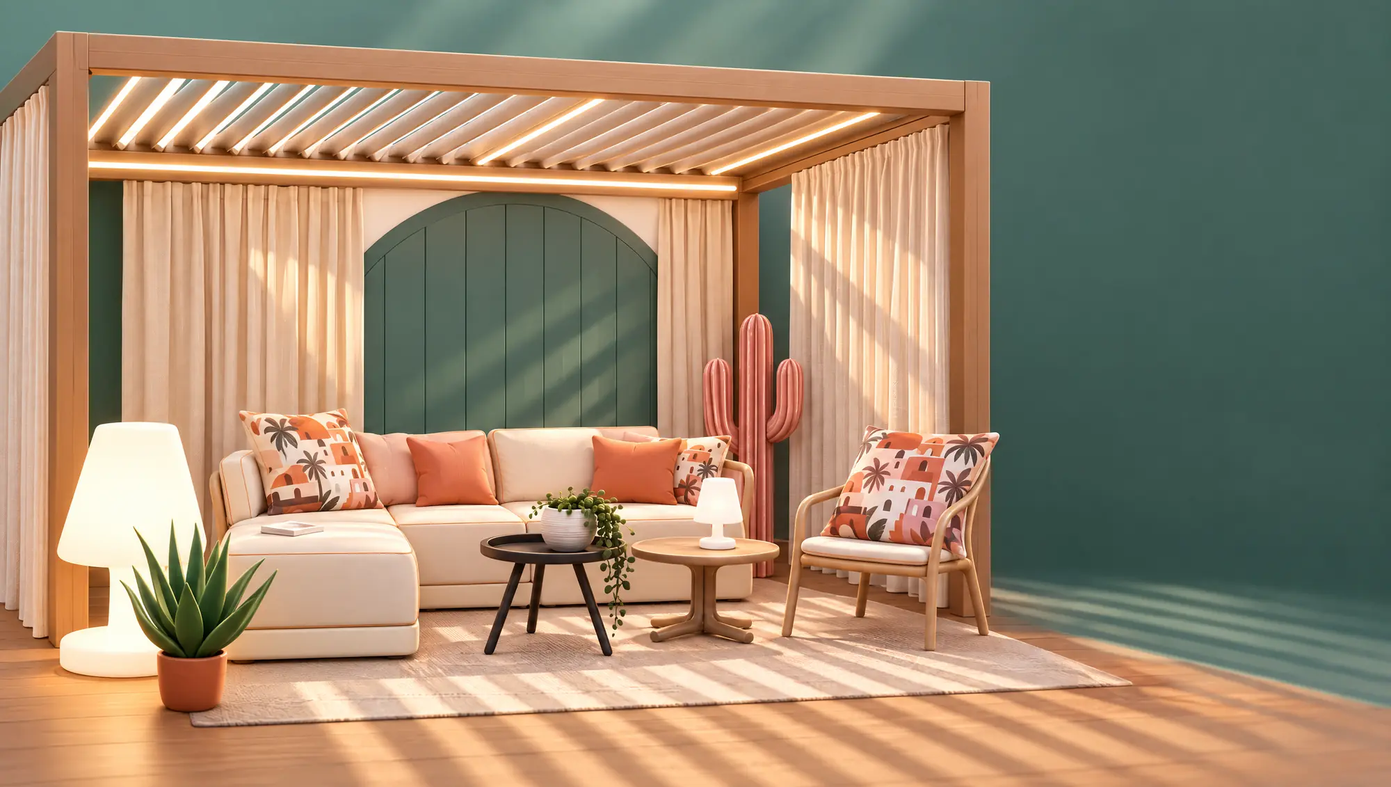Pergola en bois clair à lames orientables, rideaux écrus, canapé et fauteuil aux coussins terracotta sur un tapis, sous un éclairage LED.