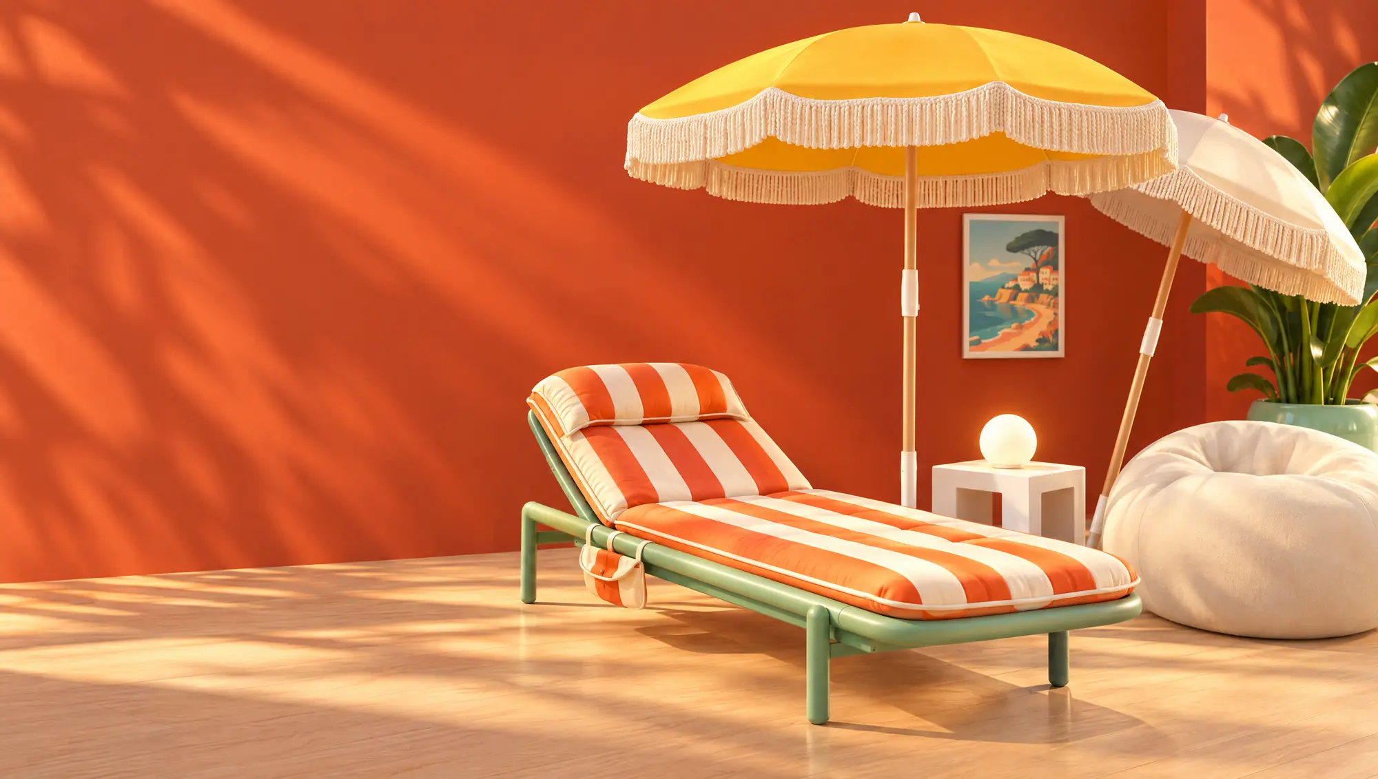 Parasol jaune à franges et parasol blanc au-dessus d'un transat à rayures orange, pouf blanc et lampe boule devant un mur terracotta.