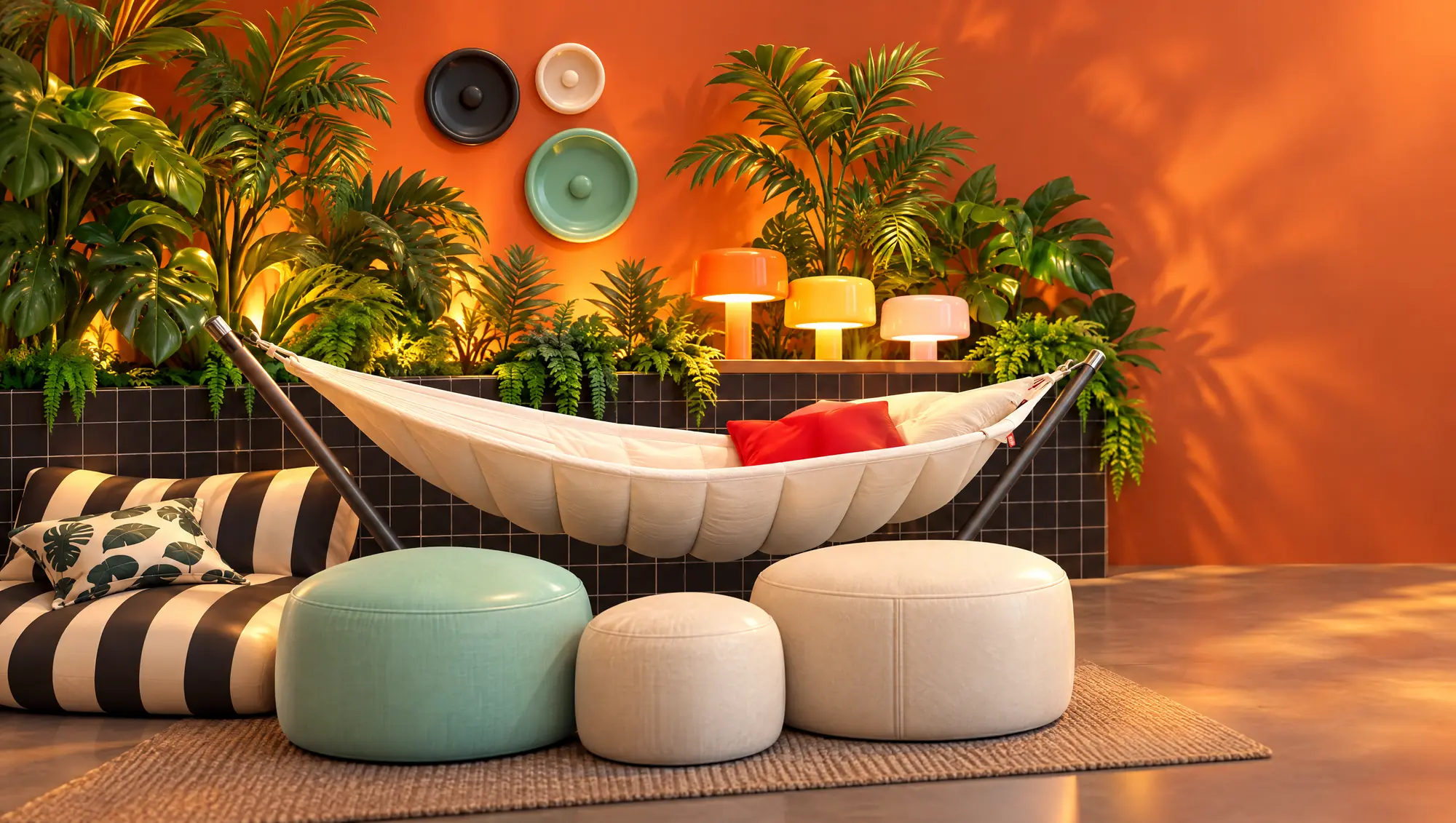 Hamac blanc tendu sur son pied, poufs menthe et crème, coussins rayés noir et blanc et lampes orange devant un mur orange plein de plantes.