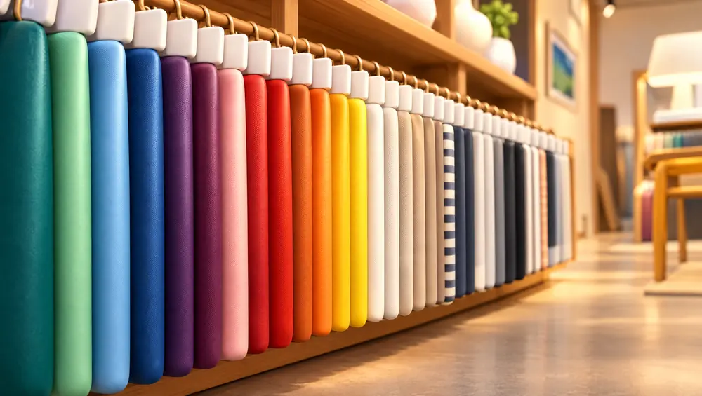 Mur de toiles de stores en rouleaux, unies et rayées, du tournesol au vert sauge