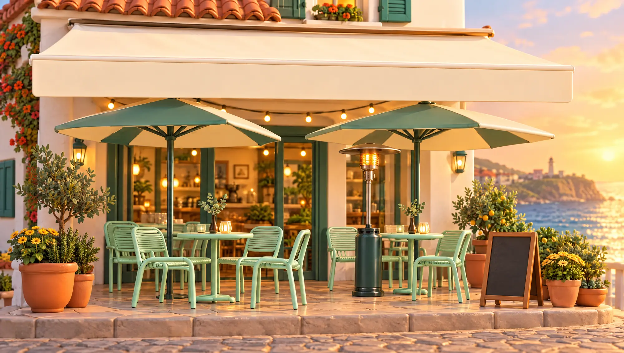 Terrasse de café en bord de mer : grand store crème avec un nom imprimé sur le lambrequin, parasols vert sauge, chaises menthe, guirlandes et chauffage.