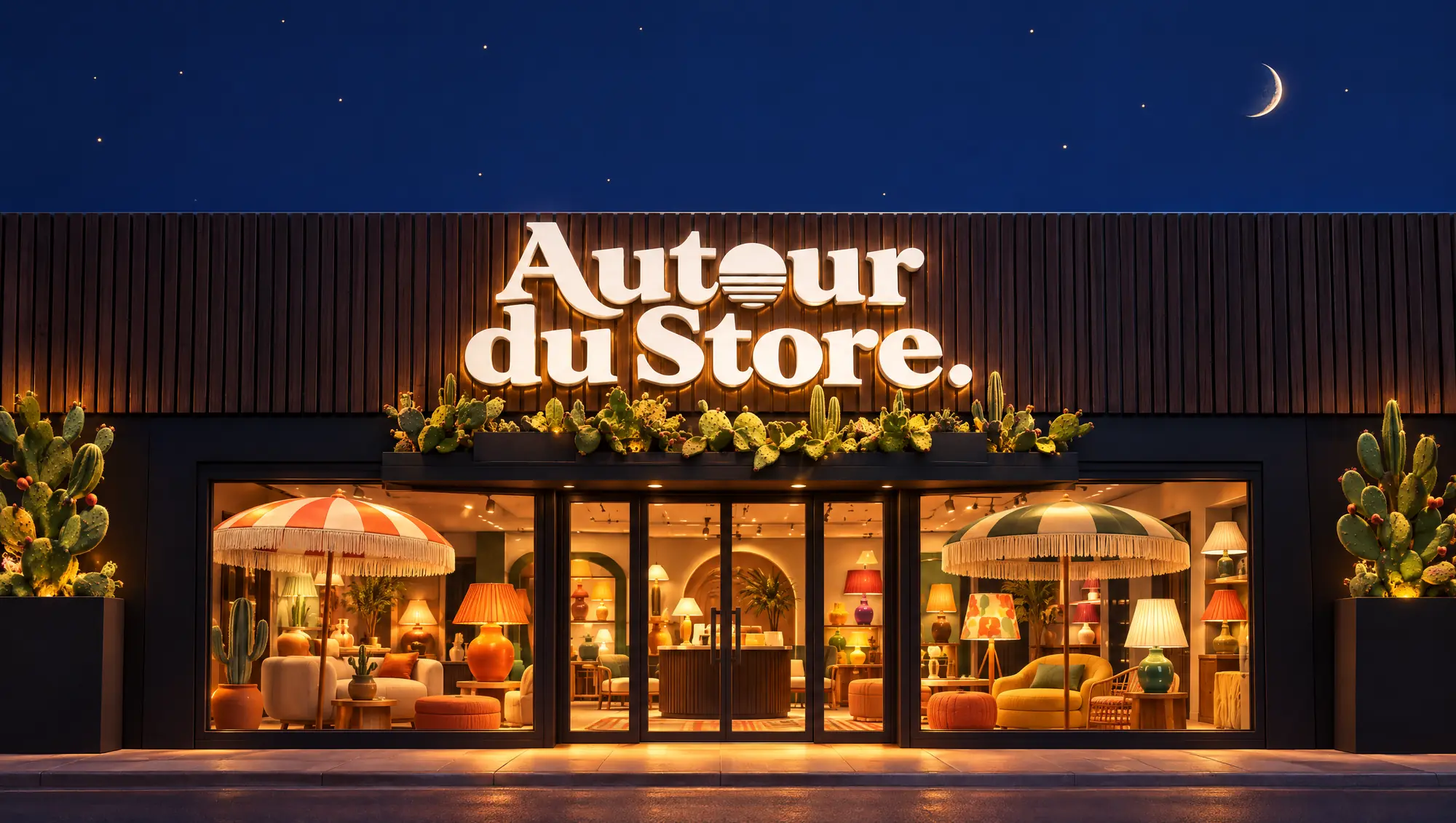 Le showroom Autour du Store la nuit : enseigne lumineuse, vitrines éclairées avec parasols à franges, lampes et fauteuils, cactus en jardinières.