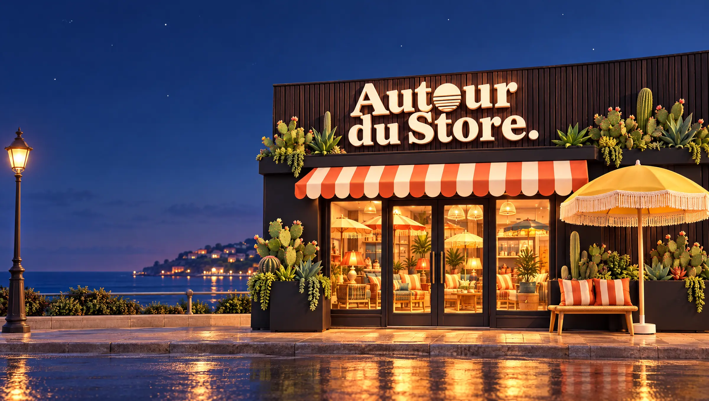 Le magasin Autour du Store au petit matin, avant l'ouverture : façade noire, enseigne blanche, store rayé, vitrine dorée allumée qui se reflète sur le trottoir mouillé.