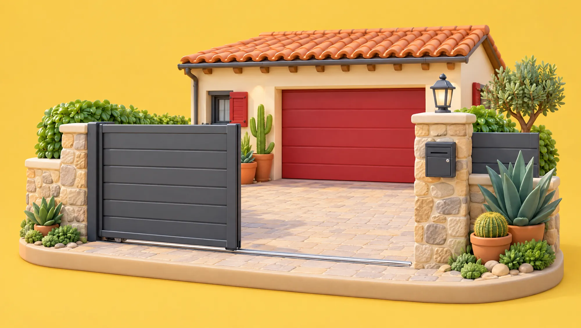 Entrée de maison : portail coulissant gris anthracite entre deux piliers en pierre, porte de garage rouge et toit en tuiles.