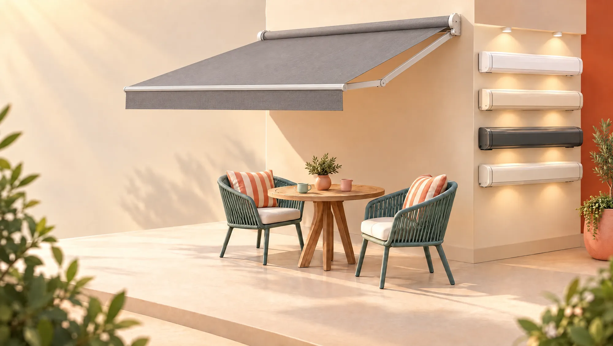 Store banne sans coffre à toile unie grise déployé au-dessus d'une table en teck et de deux fauteuils, coffres de stores exposés au mur.