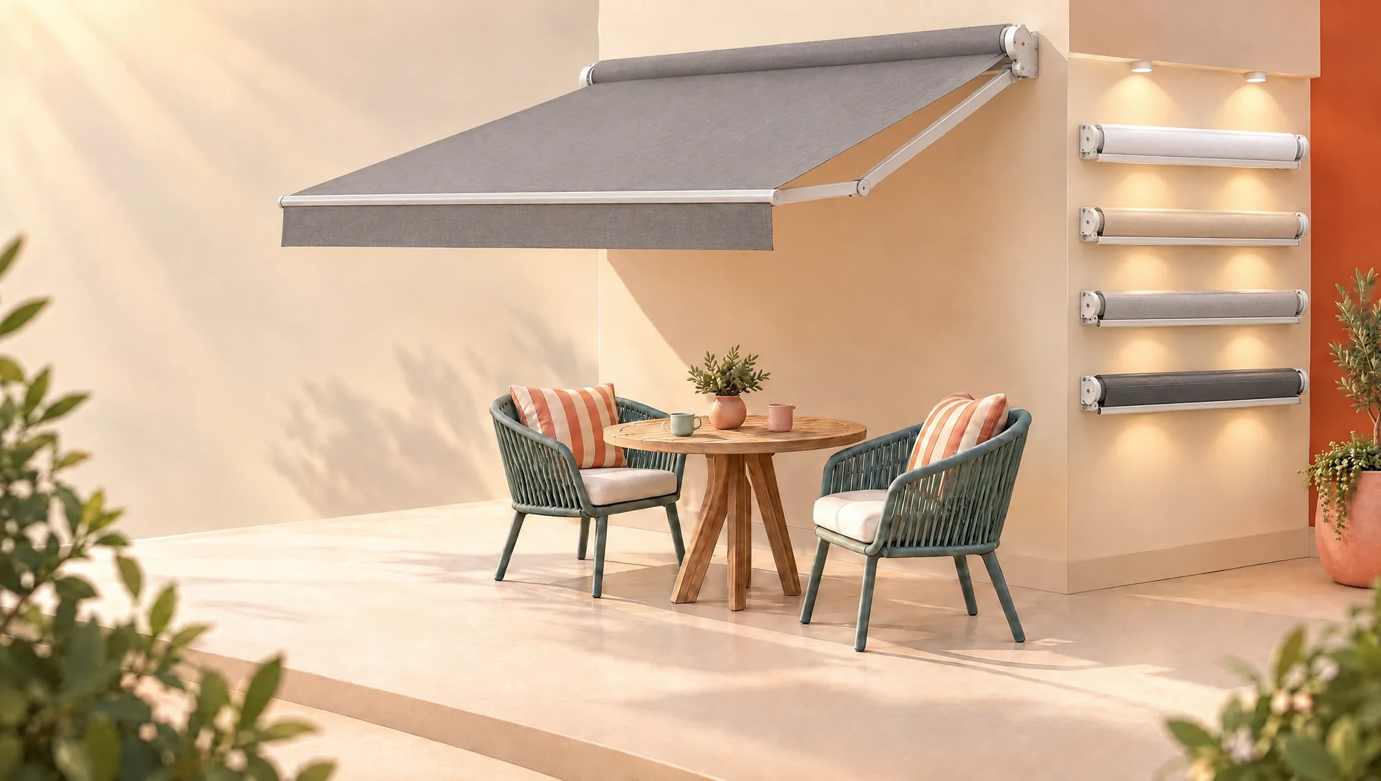 Store banne sans coffre à toile unie grise déployé au-dessus d'une table en teck et de deux fauteuils, stores sans coffre exposés au mur.