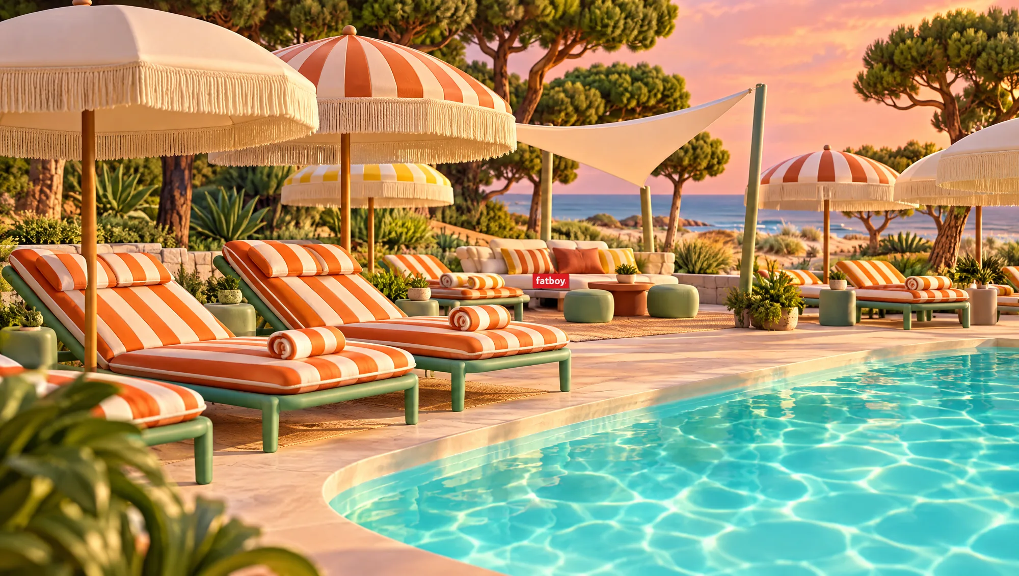 Piscine au coucher du soleil : parasols à franges, transats à rayures orange, salon Fatboy, voile d'ombrage blanche, pins et océan.