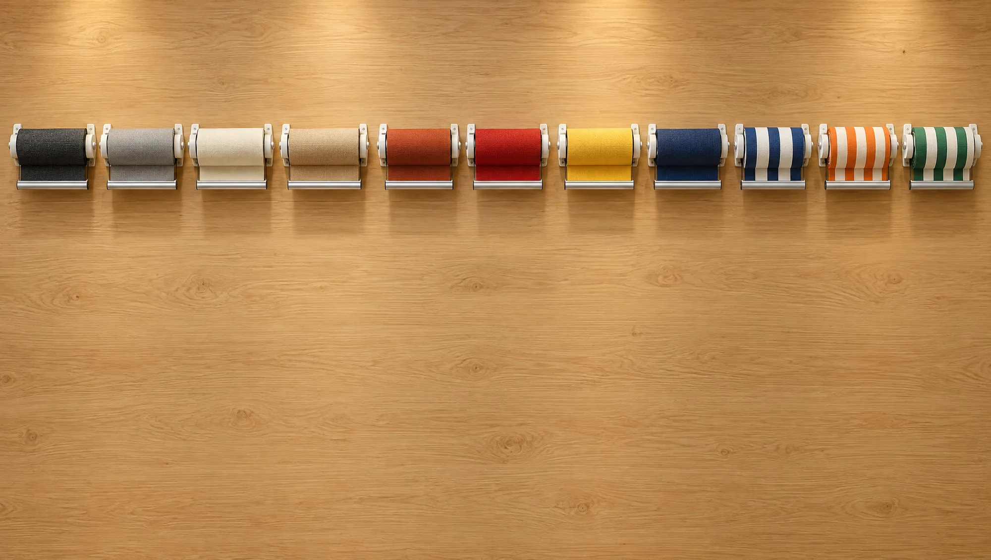 Présentoir de toiles de store : onze rouleaux de toile, unis et rayés, accrochés au mur comme de petits stores.